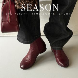 Washed Leather Ankle Boots, Round-Toe Low Heel for Women